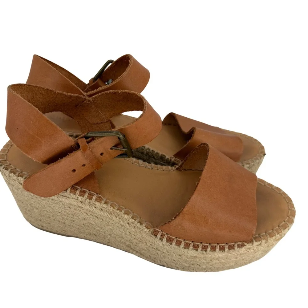 Soludos Minorca Platform Espadrille Sandals Tan Leather Boho Coastal Wedge 40